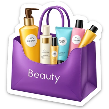 Gift bag with beauty products (shampoo, creams, styling products), a gift bag is beautyful open box full of luxury brand-labeled beauty products sticker