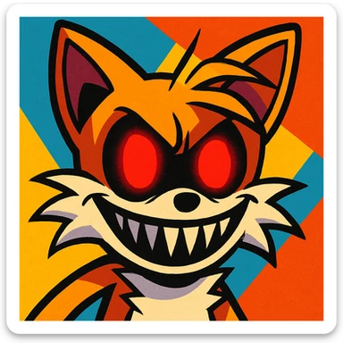 Tails from Sonic, horror cartoon style, only the face, glowing red eyes, sinister grin, bright and vivid background, not dark sticker