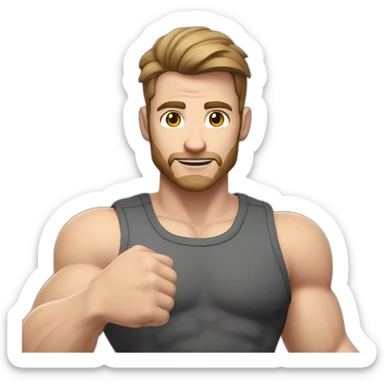Close up Actively gesturing  with hands Pale skinned Fit Man With the biceps and brown hair in dark gray Sleeveless Mike, black oversize sports shorts, watch and white Sneakers sticker