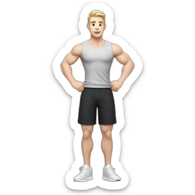 amazed Pale skinned Fit Man With the biceps and dark brown hair in black shirt, gray sports shorts and white Sneakers sticker