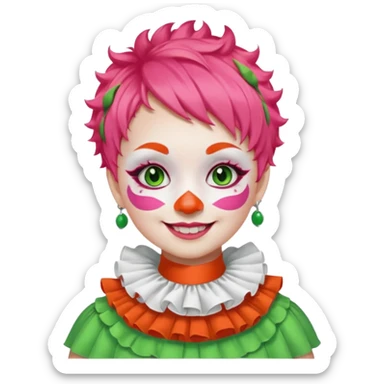 Bright green short hair.

White face paint with green eye makeup and a red nose.

Big wide smile.

Wearing a pink ruffled collar with an orange outfit. sticker