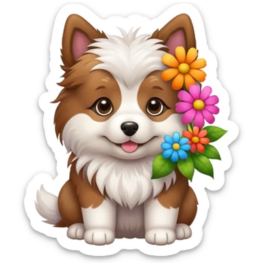 A cute dog holding a lot of flowers sticker