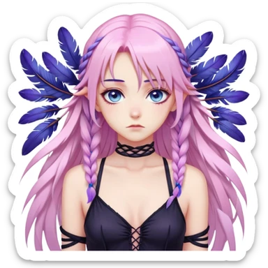 Gorgeous beautiful pretty grumpy anime lady long-pale-pastel-pink-hair with one braid on each side, hanging purple feathers with pink tips in hair, black bodysuit, blue eyes, pink iris, ethereal, fashion aesthetic  sticker