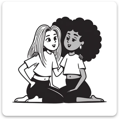 Full body of two teenage girls sitting together as friends, one white with straight blonde hair and one brown-skinned with curly black hair, both with heavy makeup, big lips, tight crop tops, hoop earrings, choni style urban clothing sticker