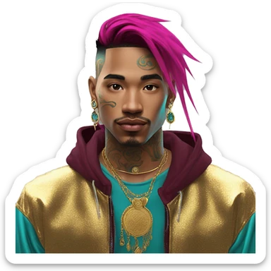 Vintage grunge patina intricate swirls gold jewellery baroque golden sparkle tropical Deep pink maroon burgundy cyan dark hoodie man dyed hair gold piercings nose piercing ear piercings sticker