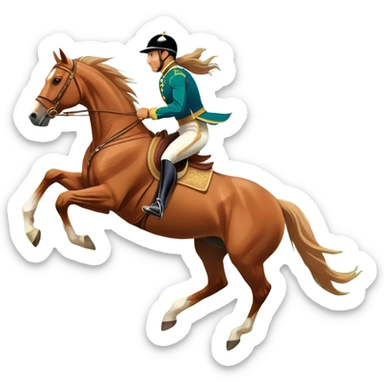 An icon showcasing a majestic horse and rider in full gallop across a lush green field. The background features a clear sky, distant mountains, and a vibrant landscape. The rider wears traditional gear, while the horse leaps with grace and power. Transparent background sticker