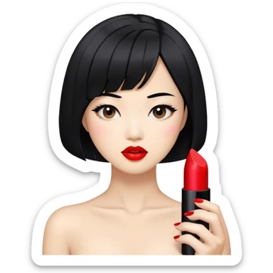 Asian woman, The lips are painted with red lipstick, the woman has a black bob haircut sticker