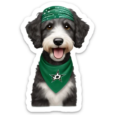 Aussiedoodle wearing a bandana with the NHL Dallas Stars hockey team logo sticker