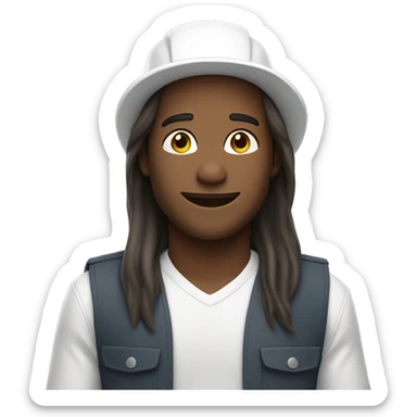 smiling solo with long hair with white construction hat sticker