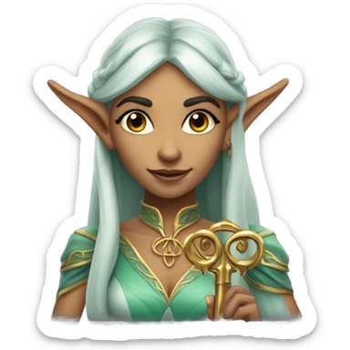 an elf woman login holding a big key sticker