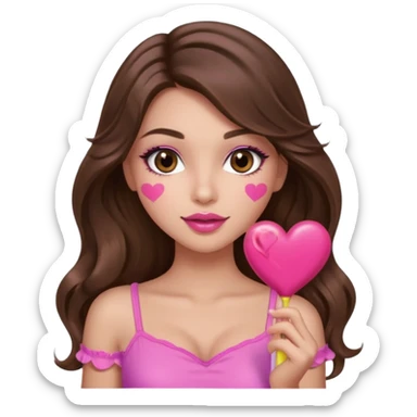 girl with long wavy brown hair, brown eyes, long lashes makeup, sexy pink lips, light to medium complexion, wearing a pink sexy top,, heart lillipop sticker