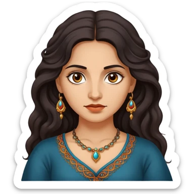 A Romani woman with long, wavy dark hair and a She has deep eyes and a confident, mysterious expression sticker