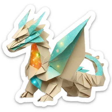 Sparkling patterned Beige Origami dragon with a dried flower crown made of newspapers intricate patterns surrounded by fairy lights nebula galaxy stars swirls iridescent orange cyan yellow sticker