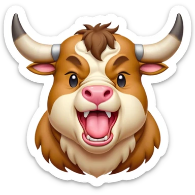 Cinematic Cute Yawning Domestic Bull Portrait Emoji, Head tilted slightly with a dramatic, wide-open yawn, showcasing a robust, muscular frame with a soft, downy coat and subtly drooping horns, round eyes barely open in drowsy contentment, Simplified yet irresistibly adorable features, highly detailed, glowing with a soft, cozy natural glow, high shine, relaxed yet expressive, stylized with a dash of rustic whimsy, soft glowing outline, capturing the essence of a sleepy yet affectionate domestic bull that seems ready to stretch out and settle for a nap! sticker