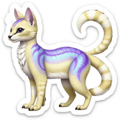 banana-cream-colored, tropical tribal glorious iridescent divine exotic cute cool beautiful beautiful fantasy-caracal-civet-genet-sergal-vernid-Gryphon-Cacomistle-Trico-oncilla-animal-Fakémon-hybrid-fursona (full body) with light slight indigo-violet-gradients accents  sticker