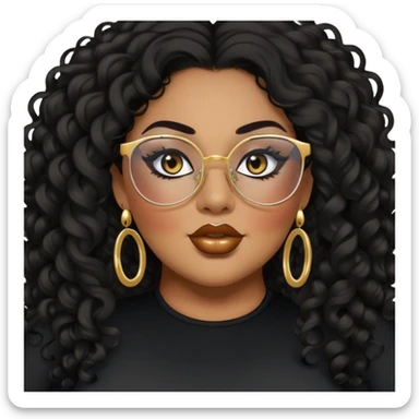 big plus size, darker tan skin, long black curly hair, baddie,pretty, makeup, lipliner, black eyeliner, long hair, gold earrings, black top, glasses sticker
