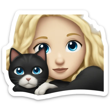 Blonde haired girl with blue eyes cuddled up in bed with black cat with gold eyes sticker