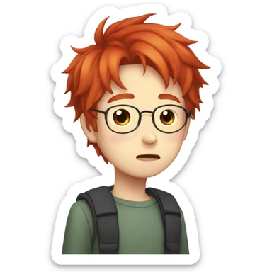 A boy with red hair, glasses, crying, anime sticker