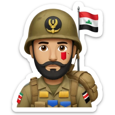 A very tired and sad, swarthy Iraqi soldier with a beard, an Iraqi flag on his helmet, a sad expression and bags under his eyes sticker