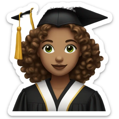 girl with green eyes and brown curly hair ,smiling, wearing a black midi dress,black heels and graduation hat and robe  sticker