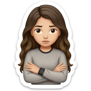 Hispanic light tan girl with long dark wavy hair with arms folded and pouting. Wearing a long sleeve. Hair with middle part. sticker