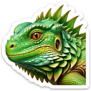 Cinematic Realistic Noble Iguana Portrait Emoji, Poised and commanding, with a robust, elongated body covered in intricately detailed, rough scales in vibrant shades of green with earthy brown accents, and a sharply defined head with piercing amber eyes, rendered with lifelike texture and natural light that accentuates every scale, high shine, intelligent and formidable, styled with an air of tropical authority, focused and attentive, soft glowing outline, capturing the essence of a watchful and confident iguana that appears ready to bask in the sun with effortless grace! sticker
