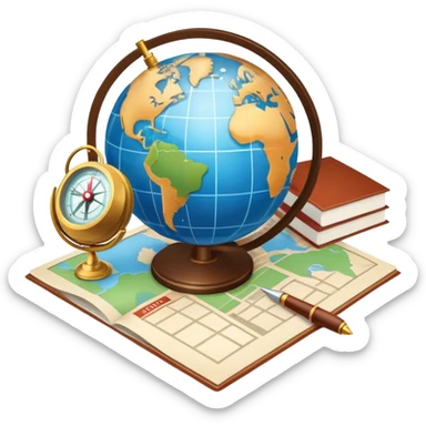 An icon featuring a hotel building, and a globe, symbolizing the scientific study of tourism and hospitality. The design includes a map, a compass, and a checklist, representing travel planning and service management. Transparent background highlights the academic exploration of the tourism industry sticker