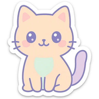 {
  "style_description": {
    "overall_look": "Cute, minimal, and soft with a friendly and playful tone",
    "material_simulation": {
      "primary_material": "flat digital color",
      "texture_detail": "smooth surfaces with no texture or shading",
      "pattern": "none or very simple decorative accents (e.g., hearts, stars)"
    },
    "geometry": {
      "edge_style": "rounded, soft curves with no sharp angles",
      "dimensionality": "flat two-dimensional appearance with simple shapes"
    },
    "color_palette": {
      "scheme": "pastel and light tones",
      "preferred_colors": ["pink", "mint", "lavender", "baby blue", "peach"],
      "contrast": "low contrast with bright accents"
    },
    "facial_features": {
      "eyes": "large, sparkly, often oval or circular",
      "mouth": "small, often a simple curve or dot",
      "expression": "joyful, innocent, or calm"
    },
    "lighting": {
      "type": "none or implied with soft highlights",
      "purpose": "maintain a clean and cheerful look"
    },
    "render_constraints": {
      "avoid": ["realistic shading", "high detail", "dark themes", "texture noise"],
      "focus_on": ["cute expression", "iconic simplicity", "emotional warmth"]
    },
    "background": {
      "color": "white or soft pastel",
      "style": "plain or patterned with simple icons (e.g., polka dots, stars)",
      "lighting_consistency": "no shadows, evenly lit feel"
    }
  }
}

{subject} = cat sticker