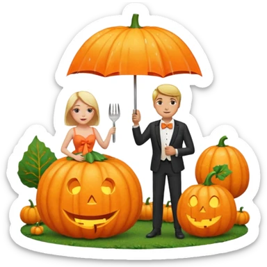 Make a guy hugging a giant pumpkin with a fork in his right hand while there's fire while there's a lady watching while it's raining while there's an umbrella on the ground that's alive and the sun has a bow tie on his neck sticker