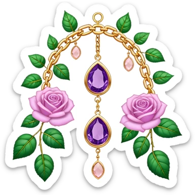 Hanging suncatcher, gold chains with shiny sparkly amethyst and rose-quartz gemstones, roses, beautiful leaves, gorgeous aesthetics sticker
