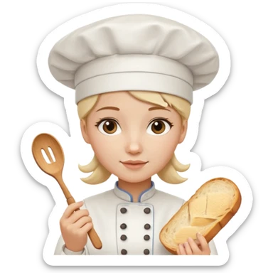 Young female baker - white chef hat, holding cream piping bag to milk oil on bread sticker
