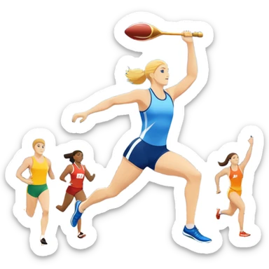 An icon featuring a collage of track and field equipment: a javelin, shot put, discus, high jump bar, and running shoes. The background shows a lively stadium with cheering fans, bright lights, and a clear sky, symbolizing the diversity of athletics. Transparent background emphasizes the sport. sticker