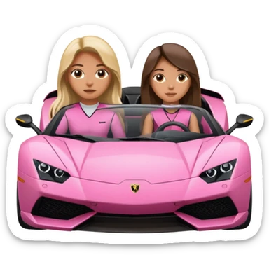 Make car far away so I can see full car Car facing forward in sports car. Make hair long  two girls in car far away Front of car sitting in the seats. Make it a pink sports car. They are two baddies make it a Lamborghini pink car  sticker
