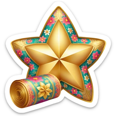 simple composition of a glowing sparkle or star shape in foreground with only a roll of patterned fabric behind it, no faces sticker