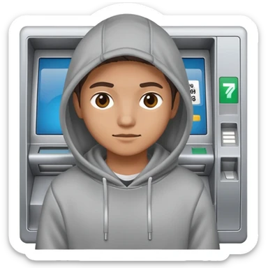 scammer in a hoodie near ATM sticker