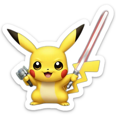 pikachu with the face of yoda and wolverine claws holding a lightsaber sticker