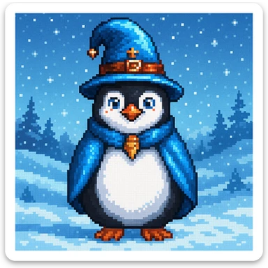 Make a snowy landscape background behind the penguin wizard, keep all original colours and lighting in pixel art style sticker