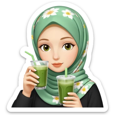 White girl wearing flower hijab drinking iced matcha sticker