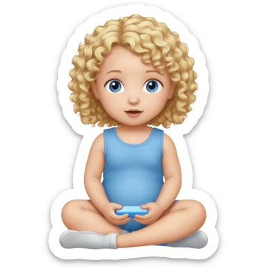 blonde curly hair blue eye baby girl sitting on the floor talking sticker