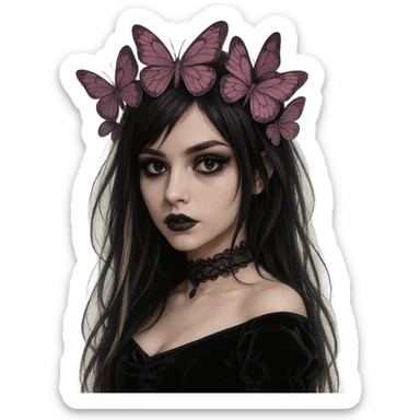 emo girl, mysterious and elegant, gothic style, dark hair with streaks, expressive eyes, butterfly crown in matte pink and purple sticker