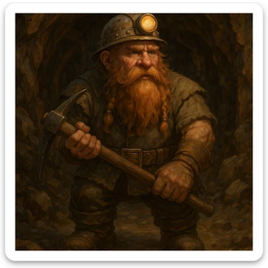 a dwarf miner holding a pickaxe, underground setting, fantasy style, detailed character illustration sticker