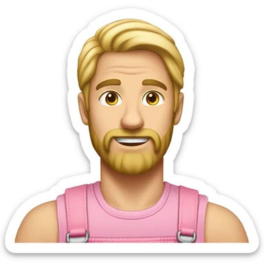 A man with long blonde hair, sideburns wearing a sleeveless pink pair of dungarees and hairy shoulders  sticker