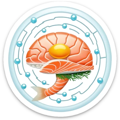 A sparkling crystal brain surrounded by pieces of salmon, a golden egg yolk, and fermented soy floating in a spiral. Thin light beams connect from these foods to glowing points on the brain surface, creating a circuit of expanded focus. sticker