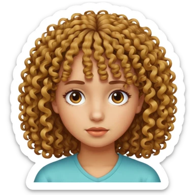 Fais un emoji d une fille avec les cheveux bouclés et une frange bouclés tordu mal faite la fille doit etre un peu mate de peau sticker