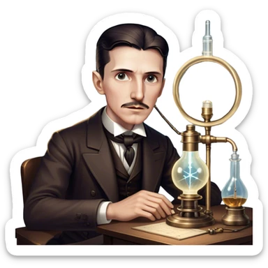 Nikola Tesla – Cinematic Realistic Portrait of Nikola Tesla, depicted as a visionary inventor with intense, thoughtful eyes and period attire, surrounded by subtle arcs of electric light and early laboratory apparatus, rendered with dramatic lighting that evokes mystery and innovation. sticker