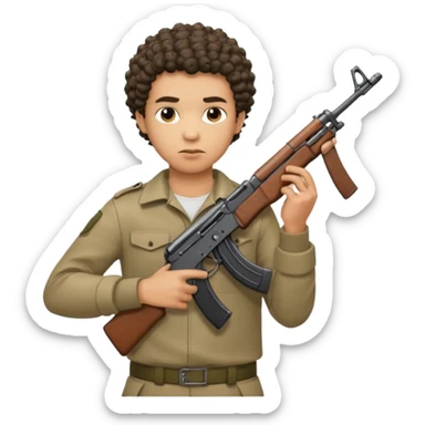 AK47 in hand, light skin male with short curly hair with a lineup  sticker