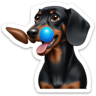 a black dachshund with brown paws and a blue ball in its mouth sticker