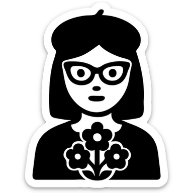 a girl with an oval face, cat eye glasses, a beret hat, and holding flowers, minimal flat icon style sticker