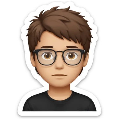 Create a emoji of a boy with brown messy hair with mid fade brown eyes ,rectangular glasses and black t-shirt sticker