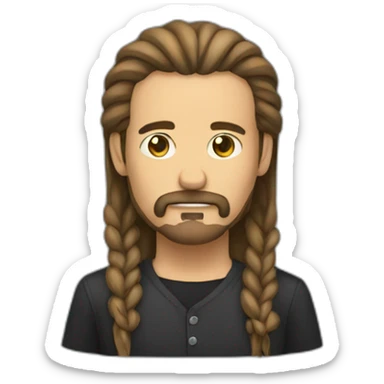 Men with long, tied hair and a goatee sticker